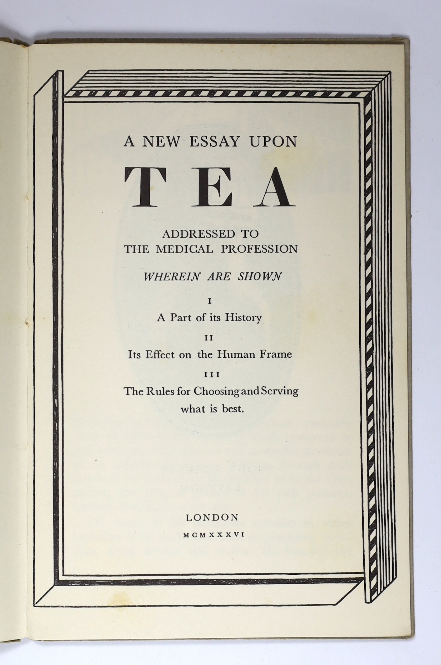 Bawden, Edward (illustrator) - A New Essay upon Tea, illustrated with 10 drawings (some full page) and borders by Edward Bawden, issued without a d/j, 8vo, grey paper boards, Empire Tra Marketing Board, London, 1936 and